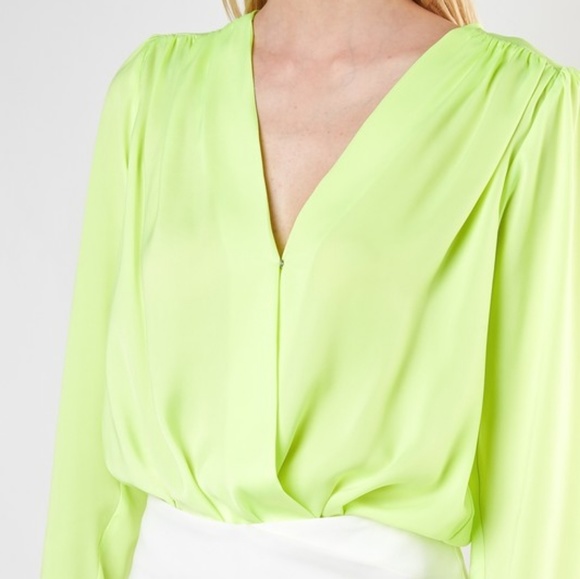 Neon Night Satin Surplice Bodysuit in NEON LIME - Picture 6 of 8